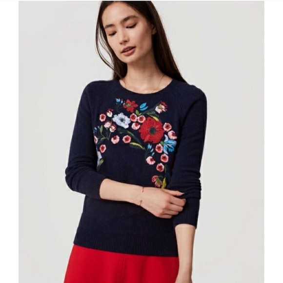 LOFT Sweaters - LOFT Sweater Floral Embroidered Navy Blue EUC